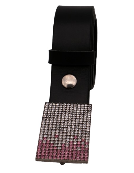 Ceinture en cuir noir 4 cm boucle strass rose Swarovski