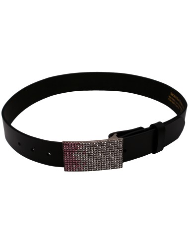 Ceinture en cuir noir 4 cm boucle strass rose...