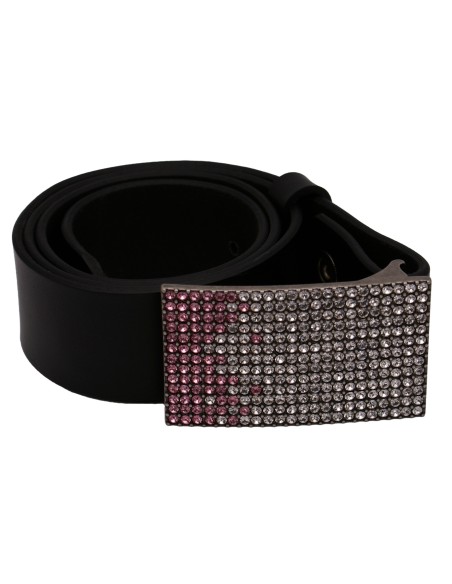 Ceinture en cuir noir 4 cm boucle strass rose Swarovski