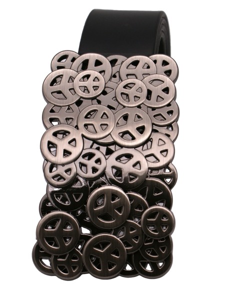 Ceinture en cuir noir 4 cm Grosse boucle peace & love