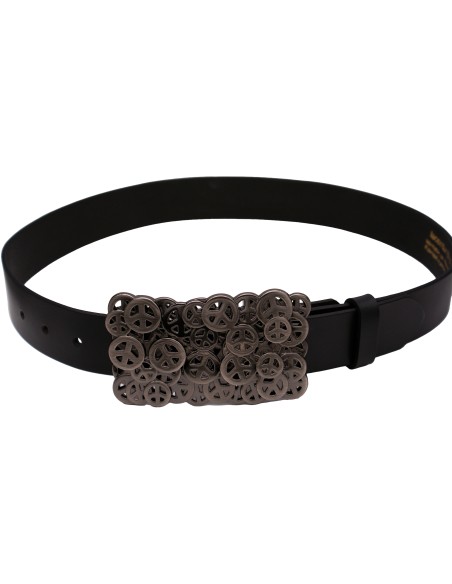Ceinture en cuir noir 4 cm Grosse boucle peace & love