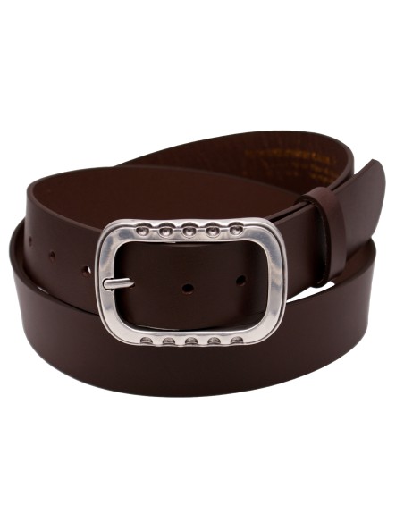 Ceinture en cuir marron foncé 4 cm boucle double agentée brillante