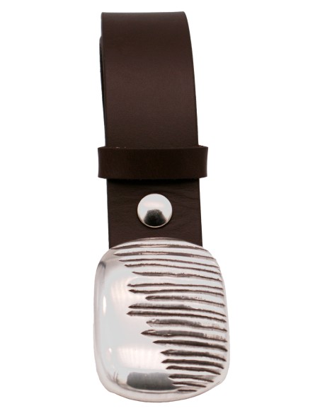 Ceinture en cuir marron foncé – 4 cm – boucle plaque argentée striée