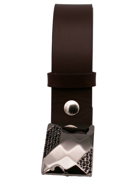 Ceinture en cuir marron foncé – 4 cm – boucle plaque strass facettes