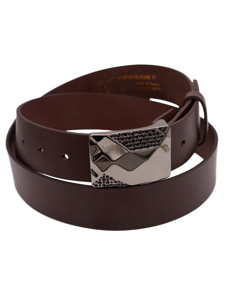 Ceinture en cuir marron foncé – 4 cm – boucle plaque strass facettes