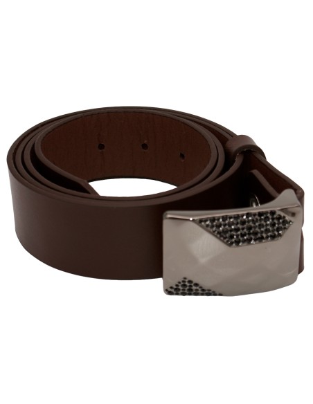 Ceinture en cuir marron foncé – 4 cm – boucle plaque strass facettes