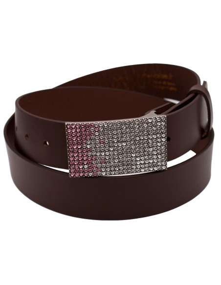 Ceinture en cuir marron foncé – 4 cm – boucle plaque strass rose