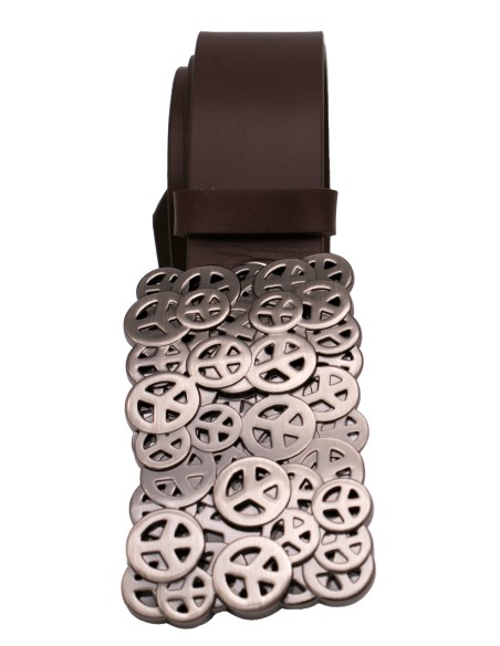 Ceinture en cuir marron foncé – 4 cm – Grosse boucle plaque peace & love