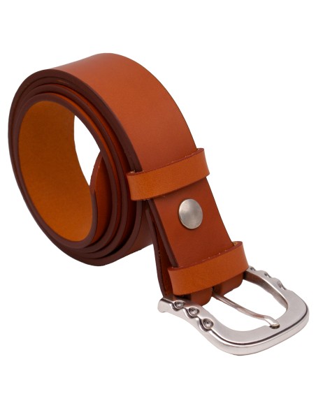 Ceinture artisanale en cuir Camel 4 cm boucle argenté brillante