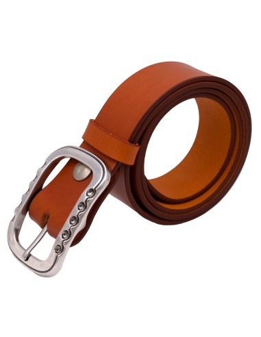 Ceinture artisanale en cuir Camel 4 cm boucle double argenté brillante
