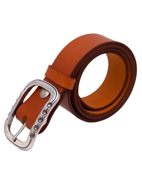 Ceinture artisanale en cuir Camel 4 cm boucle double argenté brillante