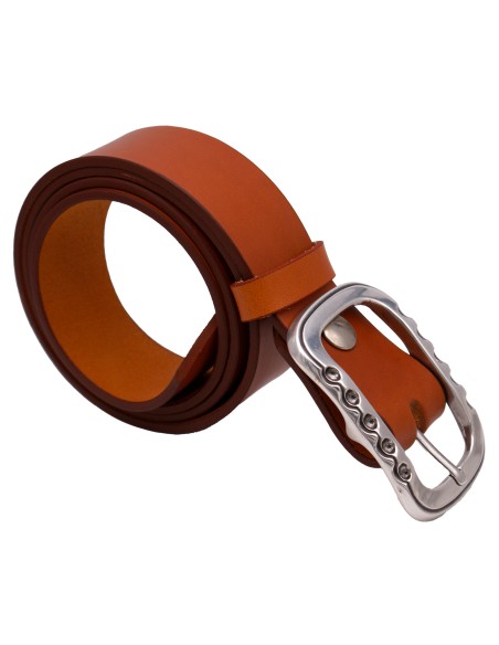 Ceinture artisanale en cuir Camel 4 cm boucle double argenté brillante