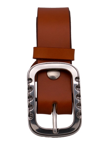 Ceinture artisanale en cuir Camel 4 cm boucle double argenté brillante