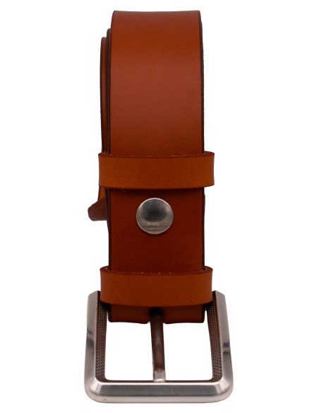 Ceinture artisanale en cuir Camel 4 cm boucle argenté ciselée