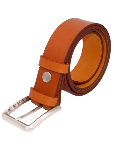 Ceinture artisanale en cuir Camel 4 cm boucle argenté ciselée