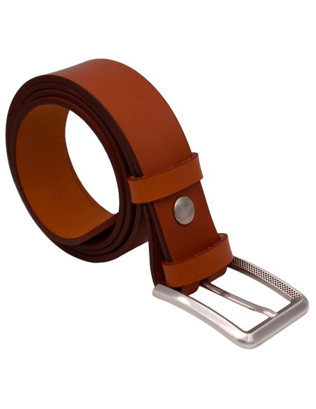 Ceinture artisanale en cuir Camel 4 cm boucle argenté ciselée