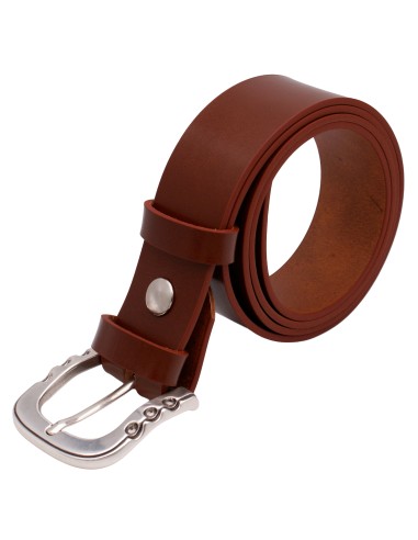 Ceinture cognac 4 cm en cuir pleine fleur, boucle argentée brillante au design travaillé - vue de trois quarts