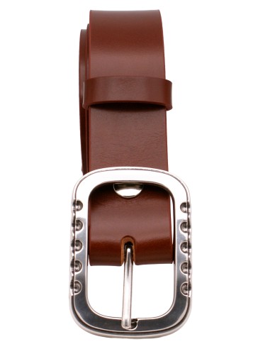 Ceinture cognac en cuir pleine fleur d’origine France, 4 cm de large, avec boucle perforée argentée brillante - vue enroulée