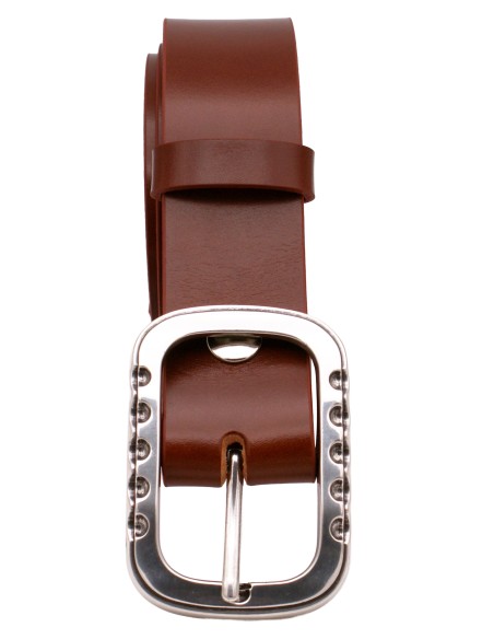 Ceinture cognac en cuir pleine fleur d’origine France, 4 cm de large, avec boucle perforée argentée brillante - vue enroulée Ceinture cognac en cuir pleine fleur d’origine France, 4 cm de large, avec boucle perforée argentée brillante - vue enroulée