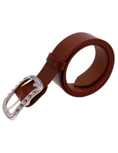 Vue de face d’une ceinture cognac en cuir pleine fleur 4 cm avec boucle argentée brillante au design perforé