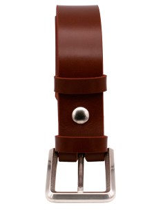 Ceinture cognac en cuir pleine fleur 4 cm, boucle argentée rectangulaire ciselée - vue de trois quarts 2