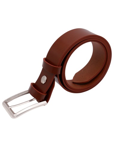 Ceinture cognac en cuir pleine fleur 4 cm, boucle argentée rectangulaire ciselée - vue de trois quarts