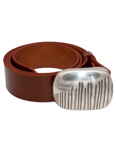 Ceinture cognac 4 cm en cuir pleine fleur avec boucle plaque argentée striée, fabriquée artisanalement en France
