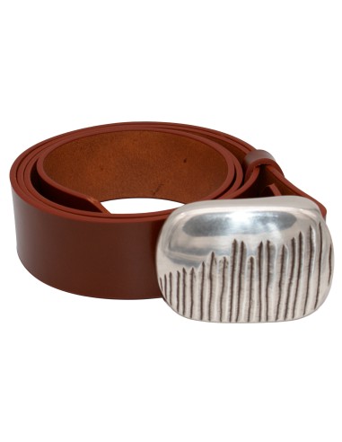 Ceinture cognac 4 cm en cuir pleine fleur avec boucle plaque argentée striée, fabriquée artisanalement en France