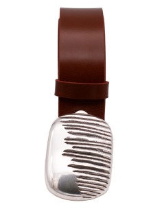 Ceinture cognac 4 cm en cuir pleine fleur avec boucle plaque argentée striée, fabriquée artisanalement en France 2