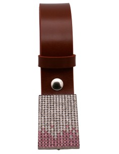 Ceinture cognac 4 cm en cuir pleine fleur avec boucle plaque pavée de strass roses et blancs - vue de face 2