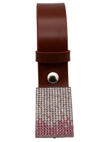 Ceinture cognac artisanale avec boucle plaque sertie de strass roses et blancs - vue enroulée