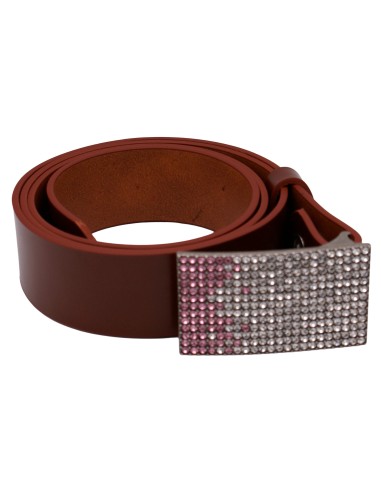 Ceinture cognac 4 cm en cuir pleine fleur avec boucle plaque pavée de strass roses et blancs - vue de face
