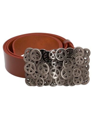 Ceinture cognac 4 cm en cuir pleine fleur avec boucle plaque ornée de multiples symboles Peace - vue de face