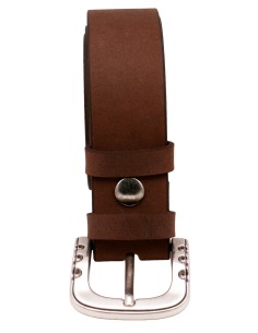 Ceinture cuir marron 4 cm avec boucle argentée brillante à reliefs rivetés – vue de face 2