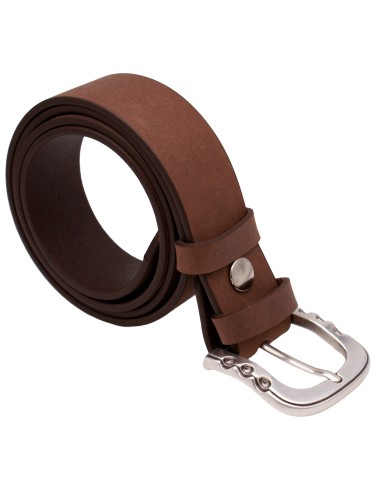 Ceinture marron 4 cm boucle argentée brillante – vue enroulée trois-quarts