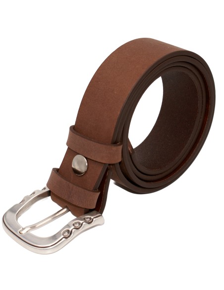Ceinture cuir marron 4 cm avec boucle argentée brillante à reliefs rivetés – vue de face