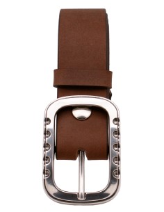 Ceinture cuir marron 4 cm avec boucle double argentée brillante à rivets – vue de face 2