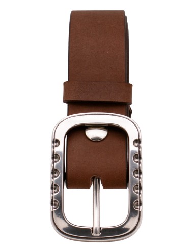 Ceinture en cuir pleine fleur 4 cm marron – boucle double argentée brillante à rivets