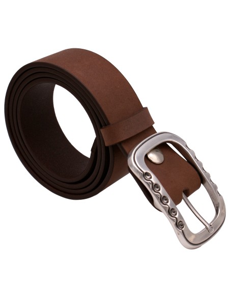 Ceinture cuir marron 4 cm avec boucle double argentée brillante à rivets – vue de face
