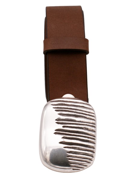 Ceinture nubuck pleine fleur 4 cm marron vieilli – boucle plaque argentée striée