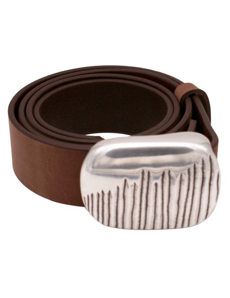 Ceinture cuir nubuck marron vieilli 4 cm avec boucle plaque argentée striée – vue de face