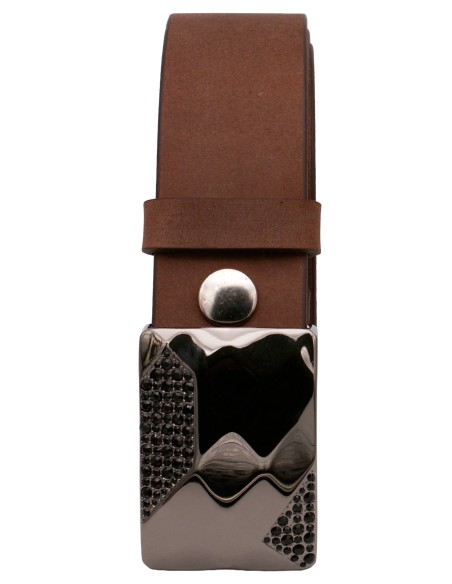 Ceinture cuir nubuck pleine fleur marron vieilli – boucle plaque noire argentée strass facettés