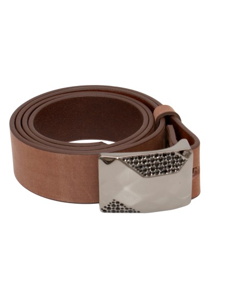 Ceinture nubuck marron vieilli 4 cm avec boucle plaque noire argentée et strass facettés – vue de face
