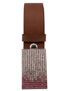 Ceinture nubuck marron vieilli 4 cm avec boucle plaque à strass blancs et roses – vue de face 2