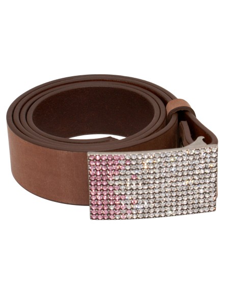 Ceinture nubuck marron vieilli 4 cm avec boucle plaque à strass blancs et roses – vue de face