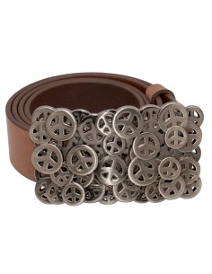 Ceinture nubuck marron vieilli 4 cm avec grande boucle plaque motifs Peace – vue de face