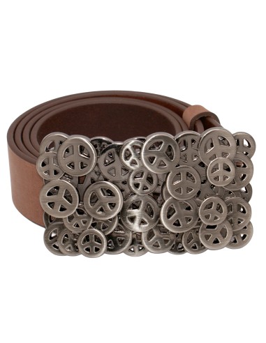 Ceinture nubuck marron vieilli 4 cm avec grande boucle plaque motifs Peace – vue de face