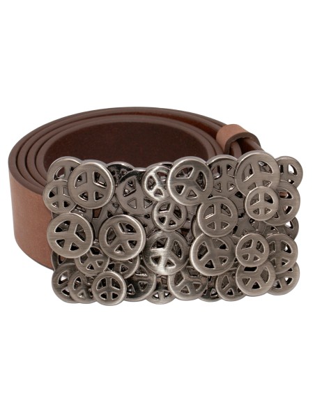 Ceinture nubuck marron vieilli 4 cm avec grande boucle plaque motifs Peace – vue de face