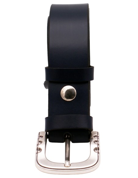 Ceinture pleine fleur bleu marine 4 cm – détail de la boucle argentée brillante