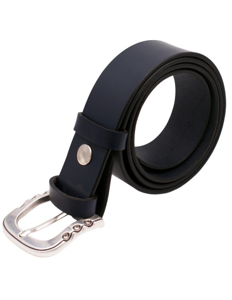 Ceinture cuir bleu marine 4 cm avec boucle argentée brillante – vue de face